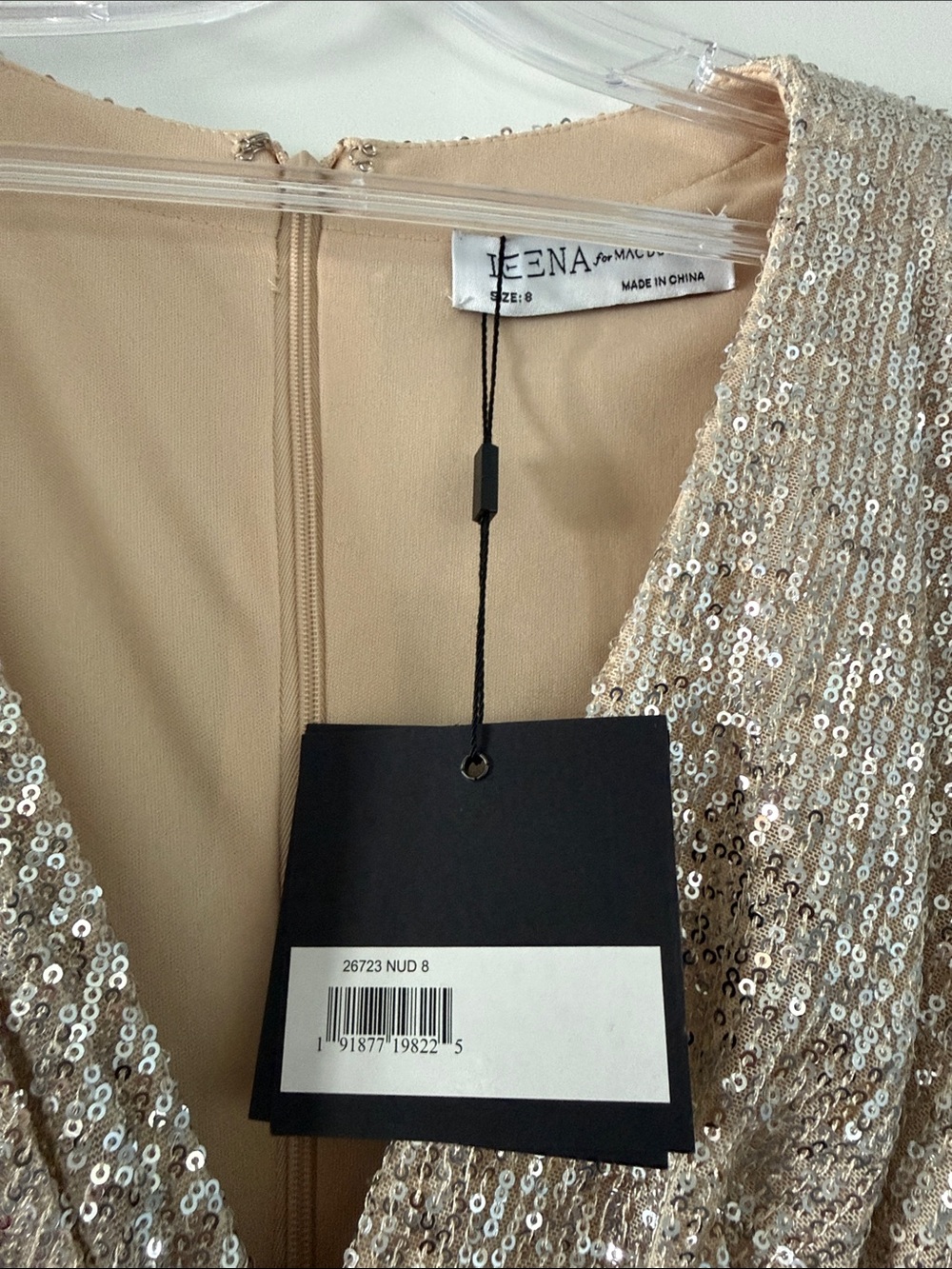 Mac Duggal Champagne Sequin Faux Wrap Long Sleeve Gown - Picture 3 of 8